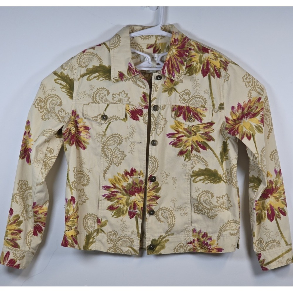 Susan Bristol Women M Vintage Beige Floral Cotton Jacket Cottagecore Grandmacore